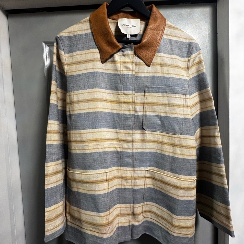 Lafayette 148 New York Striped Jacket with Brown leather Collar